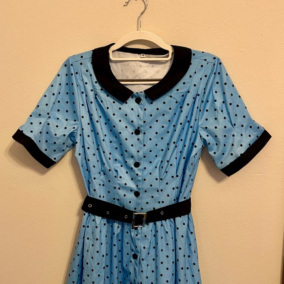 Women’s Blue and Black Polka-Dot Dress, NEVER WORN, Size Medium - Picture 3 of 9